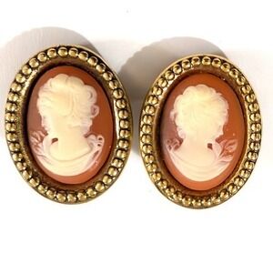 Vintage Clip On Earrings Oval Cameo Butterscotch Gold Tone Classic Victorian